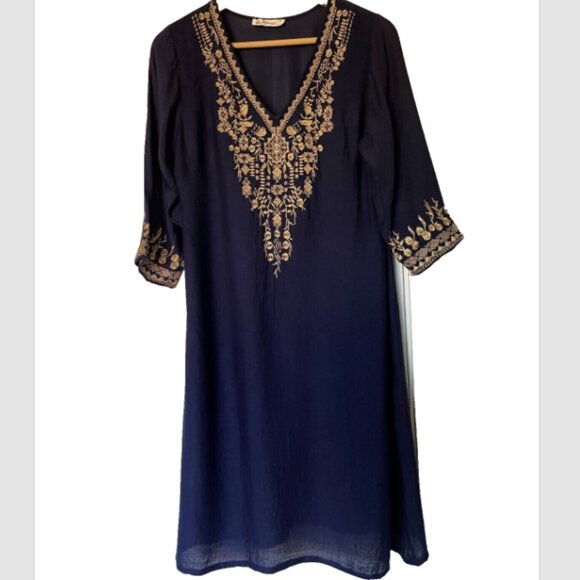 Lapogee Women's Navy Blue Embroidered Shift Dress – Kaftan Style, Medium - Picture 3 of 9